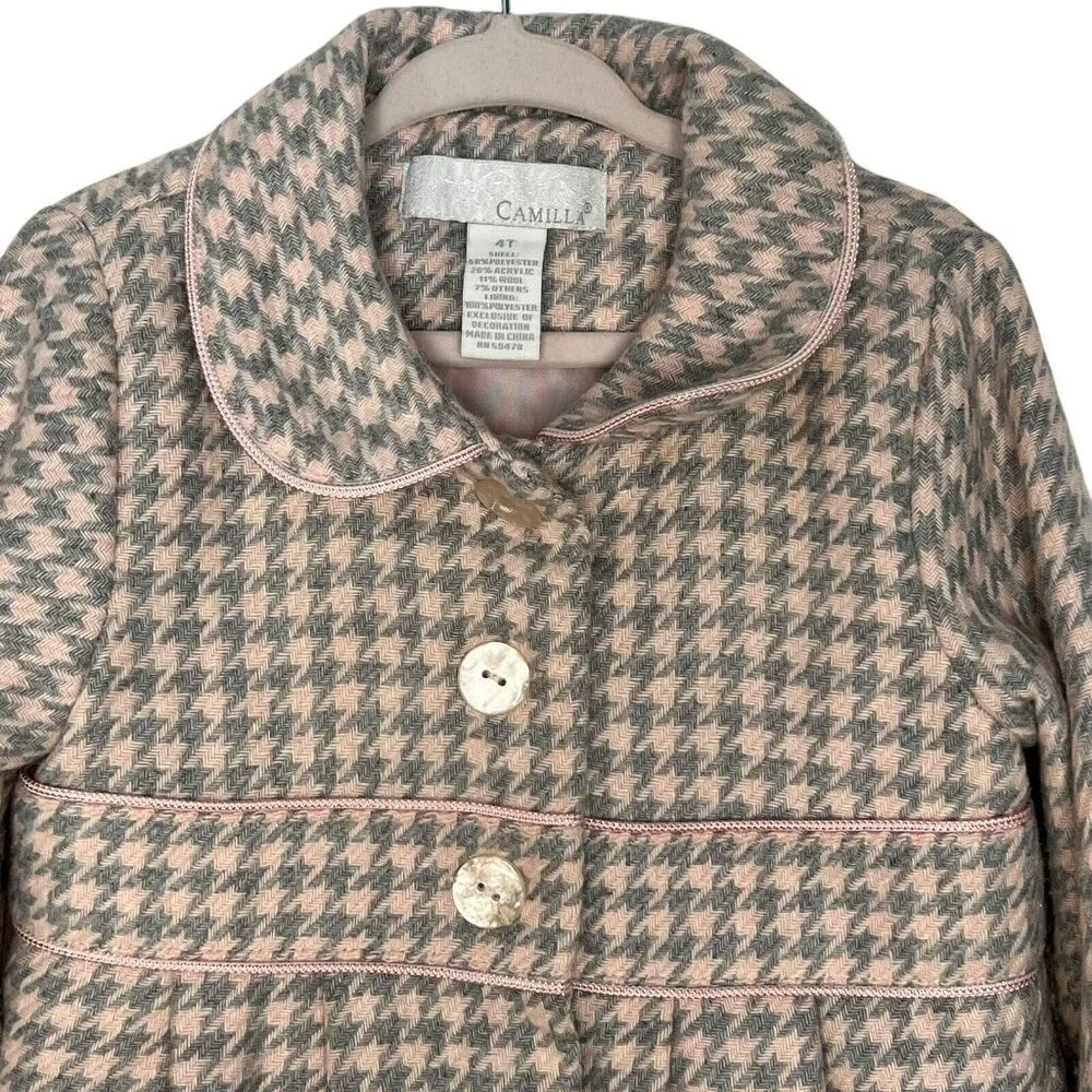 CAMILLA GIRLS BABY PINK GRAY WOOL‎ BLEND HOUNDSTOOTH DRESS AND JACKET SIZE 4T